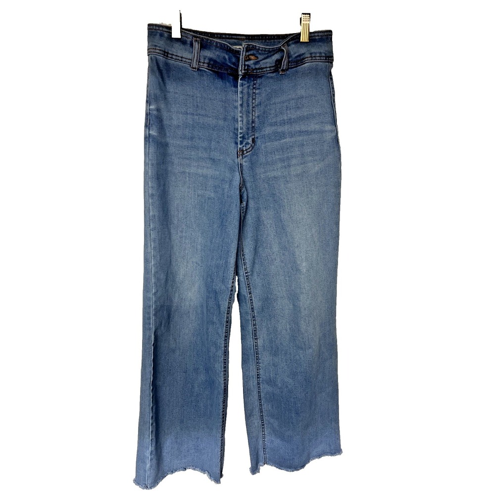 OAT New‎ York Wide Leg Jeans Womens Size 2 Blue Denim Stretch Raw Hem Light Wash